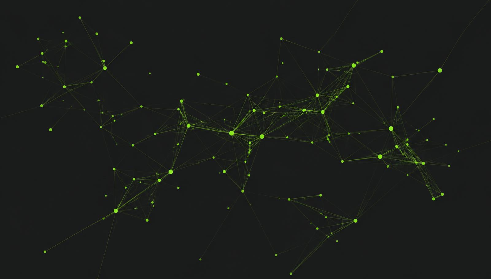 Abstract network of lime green nodes and connecting lines on a graphite background