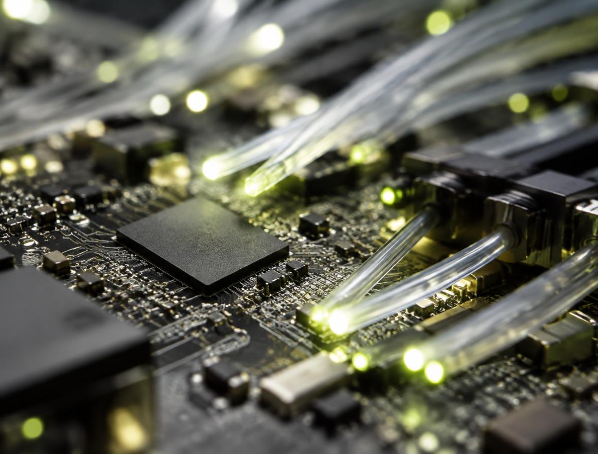 Macro view of a circuit board with glowing fiber optic cables