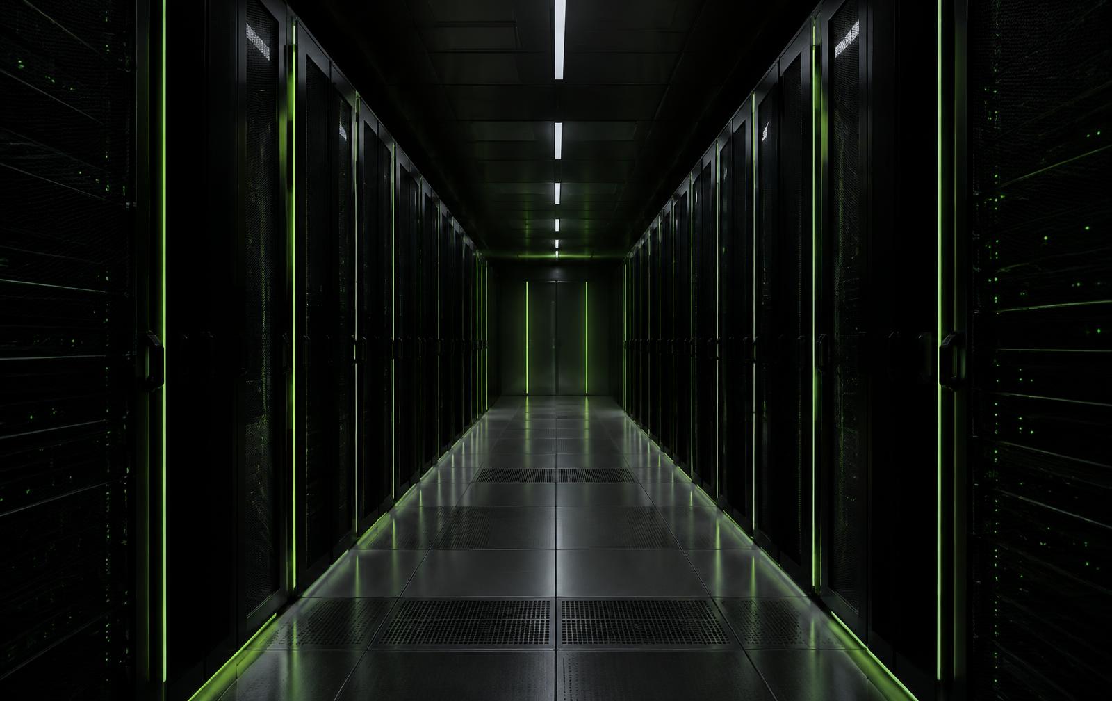 Dark data center corridor lined with server racks and lime accent lighting