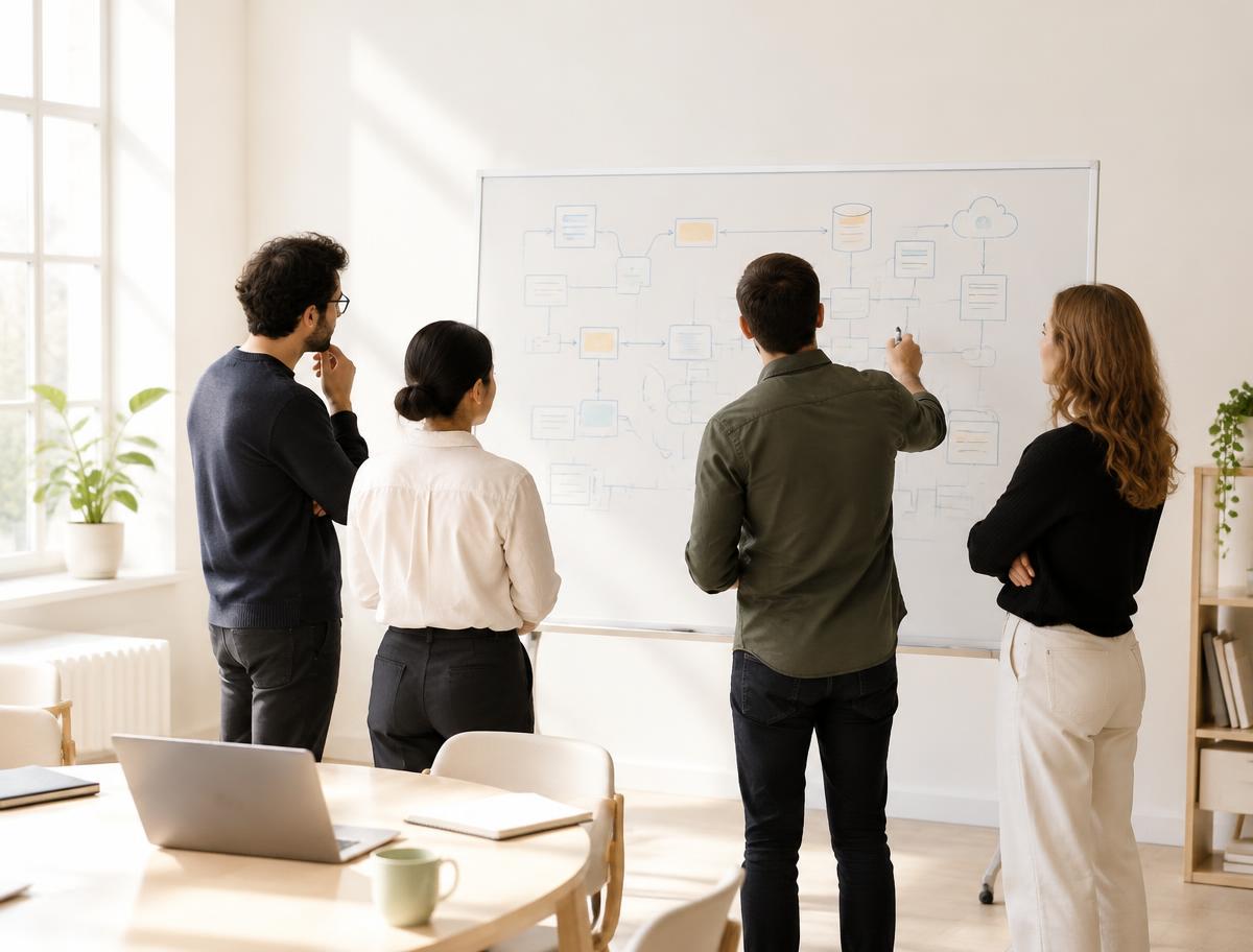 Engineers reviewing an architecture diagram on a whiteboard in a bright studio