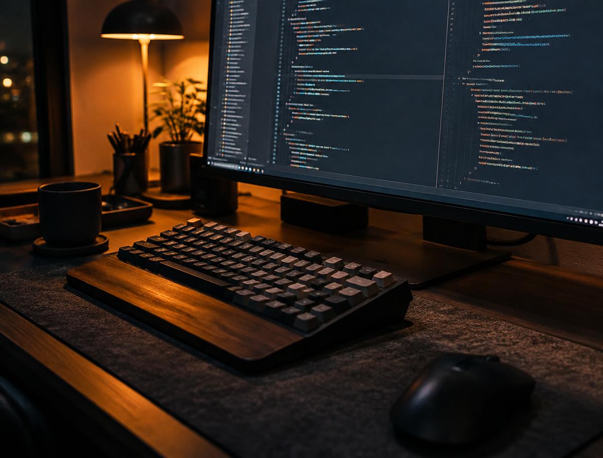 Engineer's desk at night with code on a monitor and a mechanical keyboard
